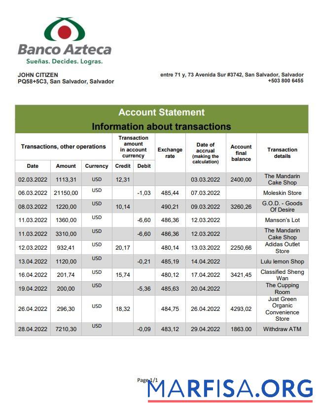 Printable Salvador Banco Azteca bank statement word download for verification